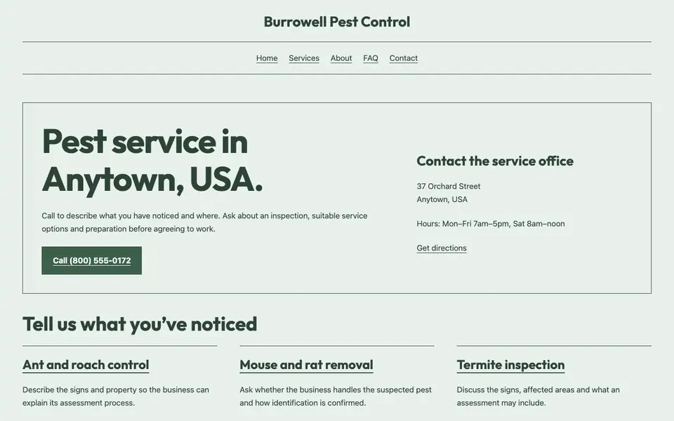 Look 1, Neighborhood pest service card: sample home page on a computer
