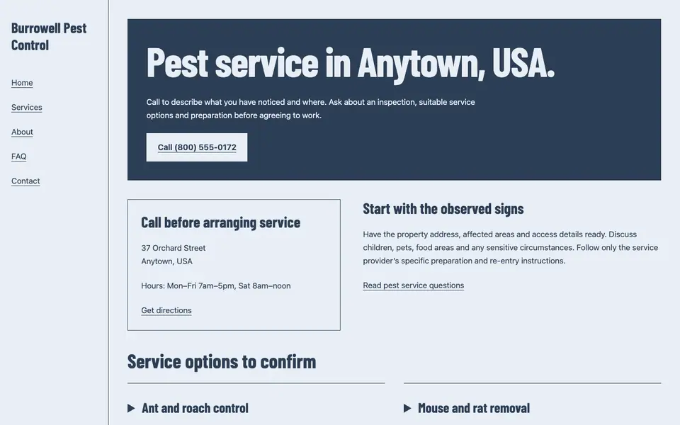 Look 3, Pest service storefront: sample home page on a computer