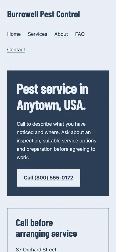 Look 3, Pest service storefront: sample home page on a phone