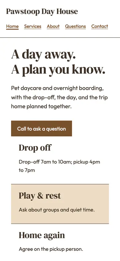 Look 1, Daycare day clock: sample home page on a phone
