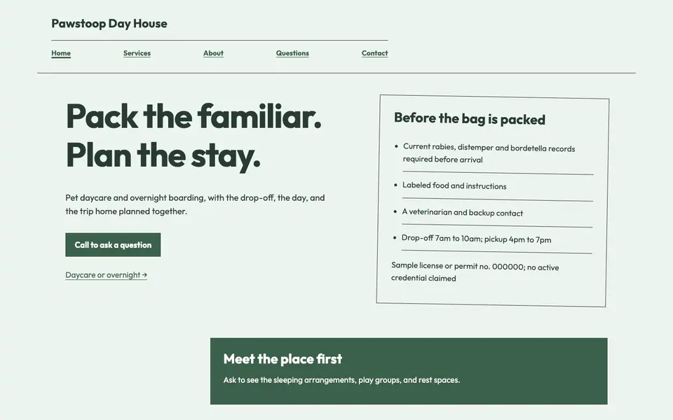 Look 2, Stay packing board: sample home page on a computer