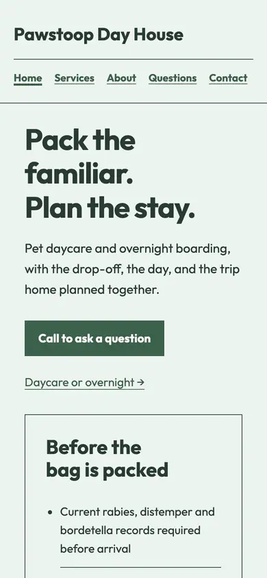 Look 2, Stay packing board: sample home page on a phone