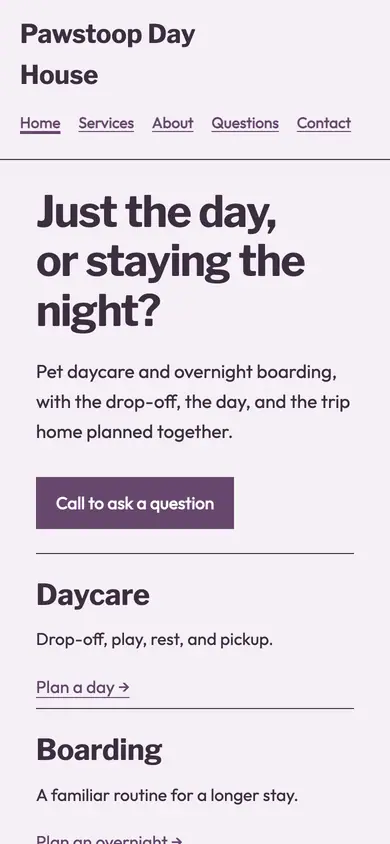 Look 3, Day stay overnight fork: sample home page on a phone