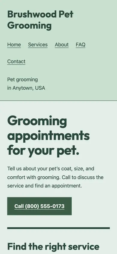 Look 1, Grooming storefront directory: sample home page on a phone