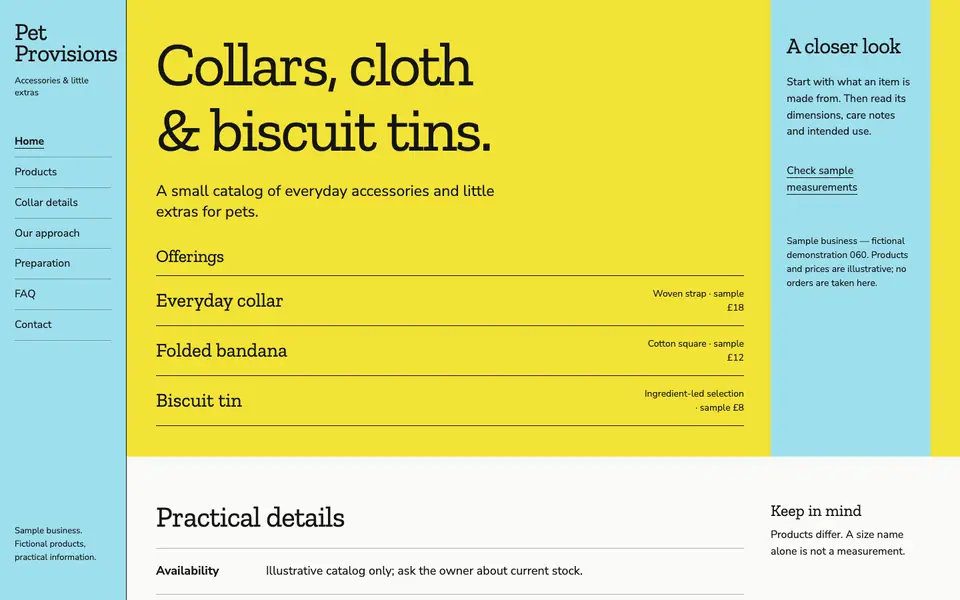 Look 1, Pet Provisions: sample home page on a computer
