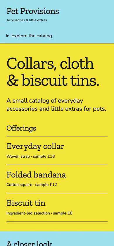 Look 1, Pet Provisions: sample home page on a phone