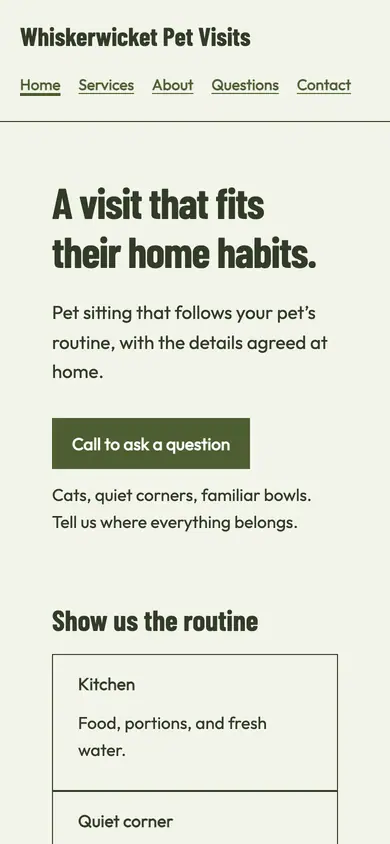 Look 3, Cat visit room guide: sample home page on a phone