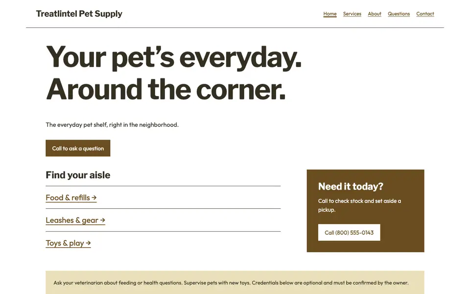 Look 1, Pet aisle directory: sample home page on a computer