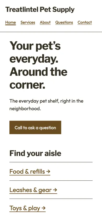 Look 1, Pet aisle directory: sample home page on a phone