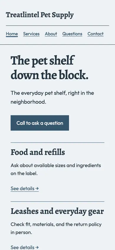 Look 2, Neighborhood pickup shelf: sample home page on a phone