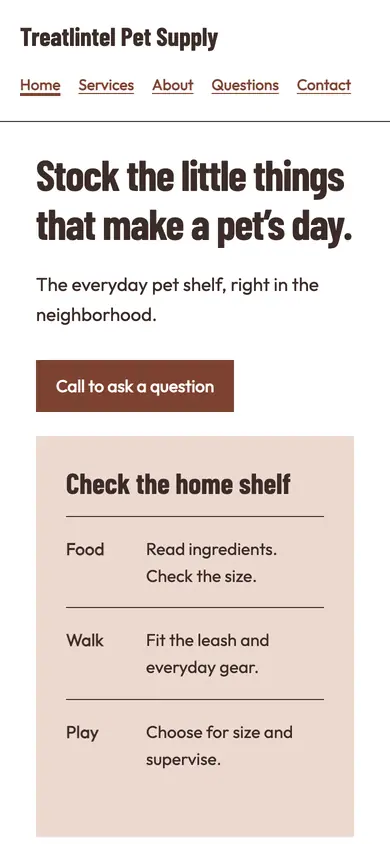 Look 3, Pet home checklist: sample home page on a phone