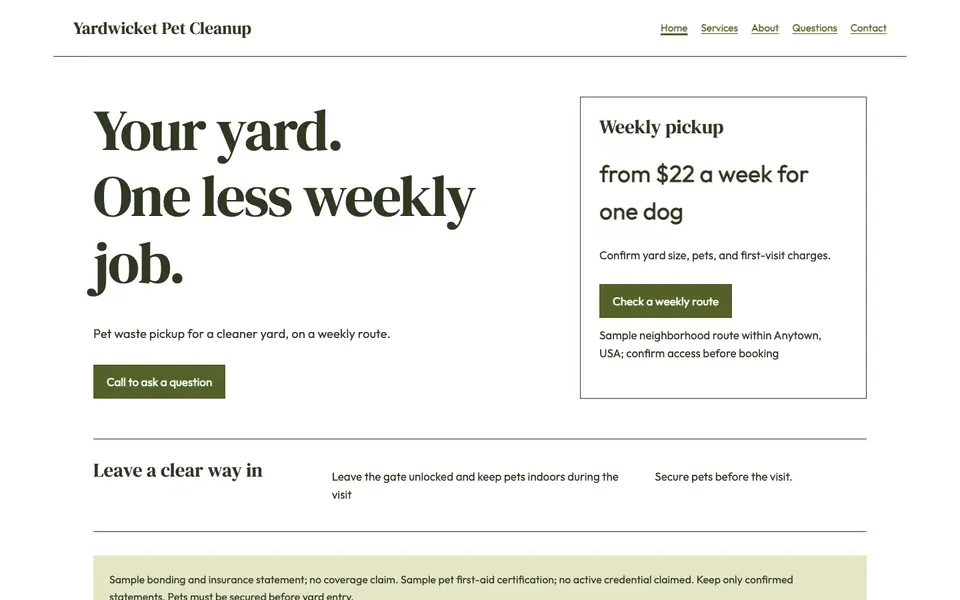 Look 1, Weekly yard route price: sample home page on a computer