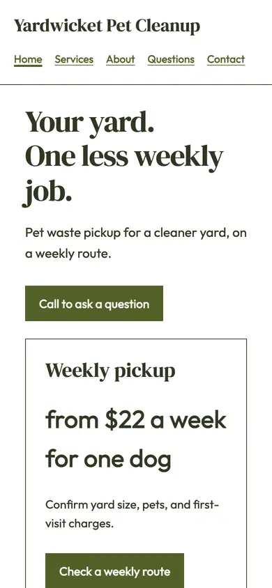 Look 1, Weekly yard route price: sample home page on a phone
