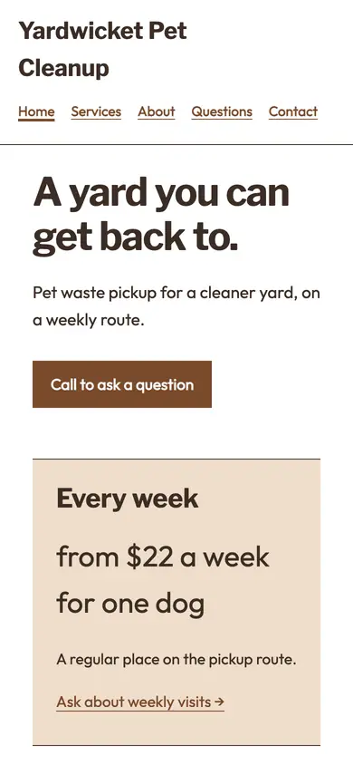Look 3, Yard service frequency selector: sample home page on a phone