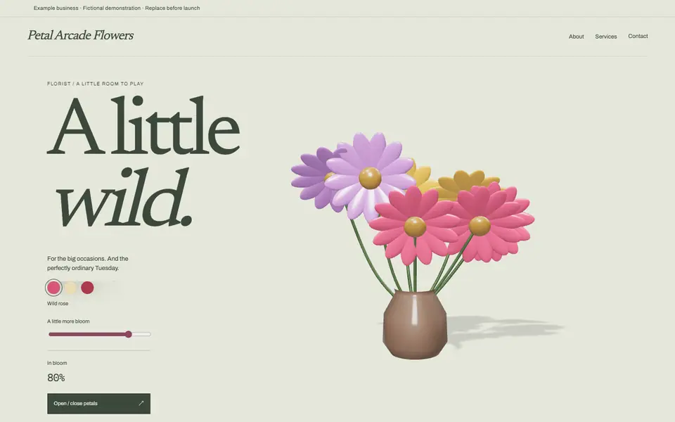 Look 1, Petal Arcade: sample home page on a computer