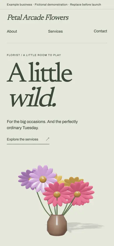 Look 1, Petal Arcade: sample home page on a phone