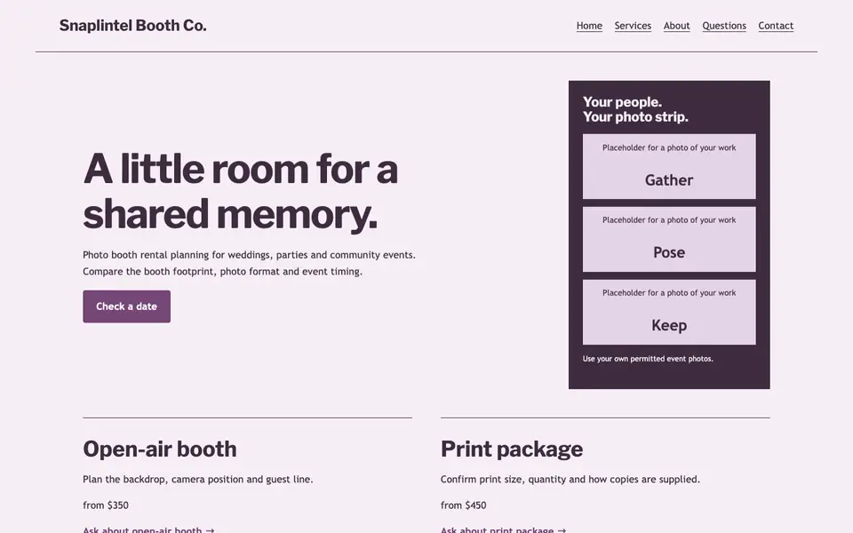 Look 1, Photo strip booth: sample home page on a computer
