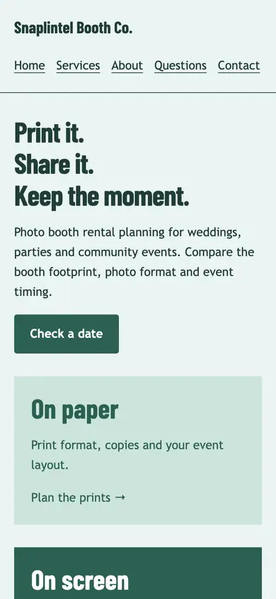 Look 2, Booth format chooser: sample home page on a phone