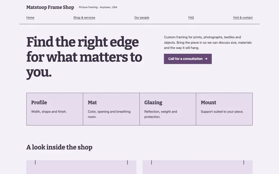 Look 2, Framing material table: sample home page on a computer