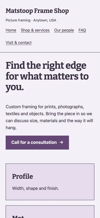 Look 2, Framing material table: sample home page on a phone