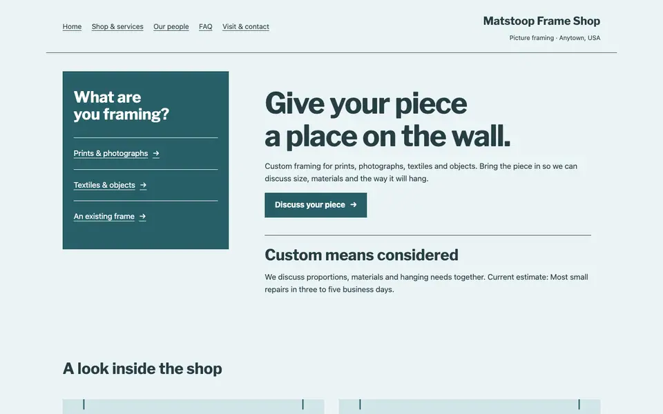 Look 3, Framing consultation folio: sample home page on a computer