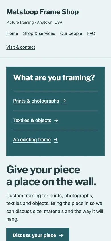 Look 3, Framing consultation folio: sample home page on a phone