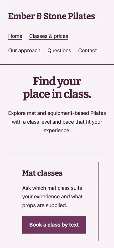 Look 2, Studio class register: sample home page on a phone