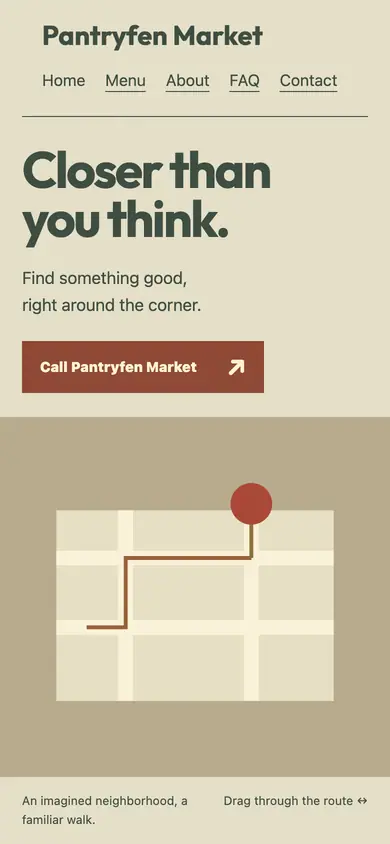 Look 1, Pin Drop: sample home page on a phone
