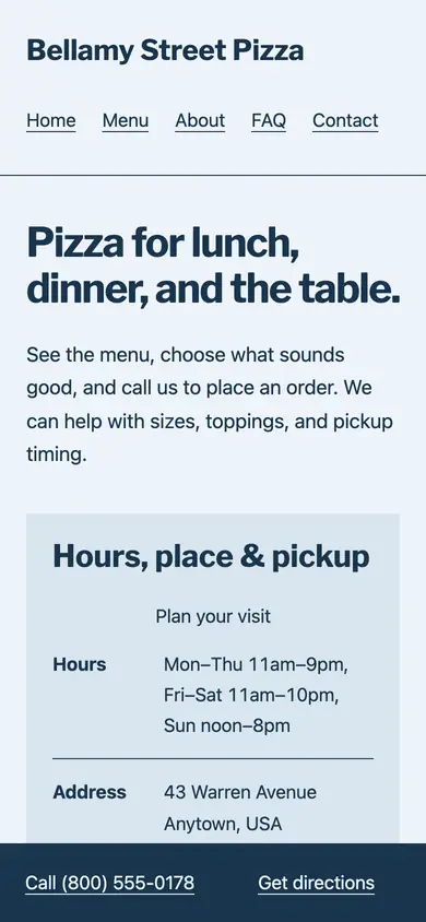 Look 2, Dining timetable: sample home page on a phone