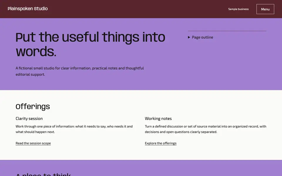 Look 1, Plainspoken Studio: sample home page on a computer
