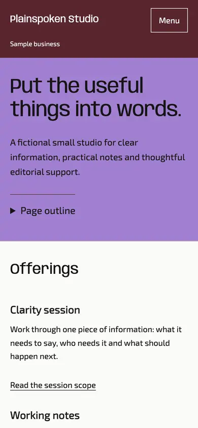Look 1, Plainspoken Studio: sample home page on a phone