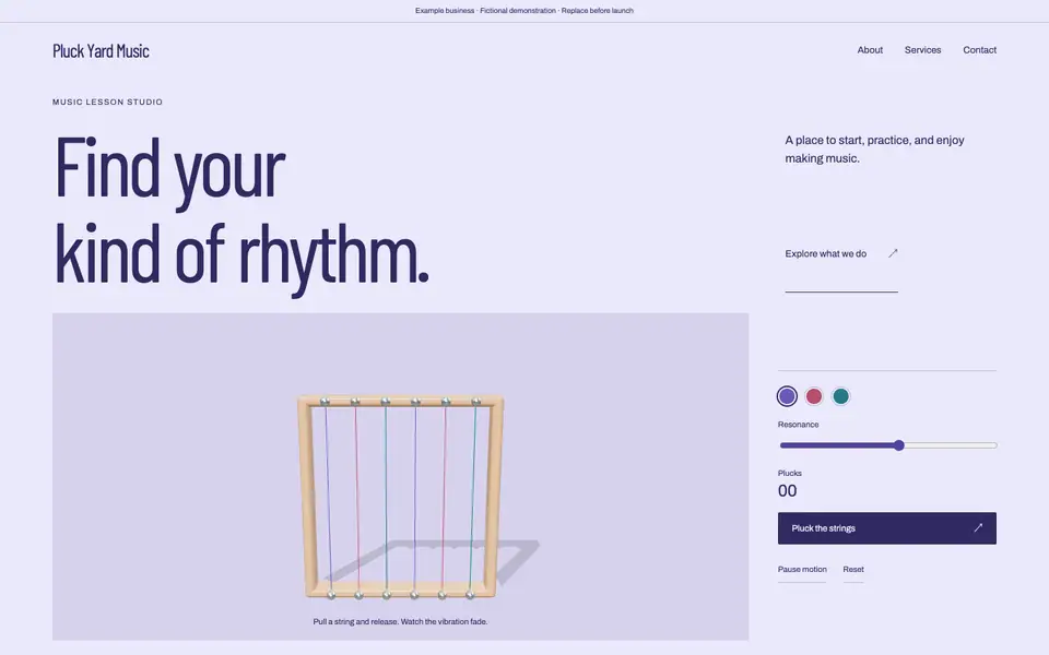 Look 1, Pluck Yard: sample home page on a computer