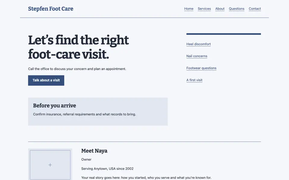 Look 1, Foot concern navigation: sample home page on a computer