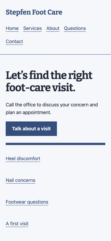 Look 1, Foot concern navigation: sample home page on a phone
