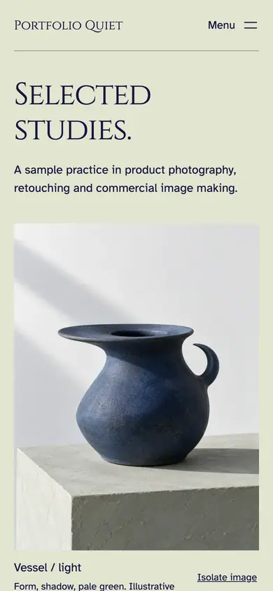 Look 1, Portfolio Quiet: sample home page on a phone