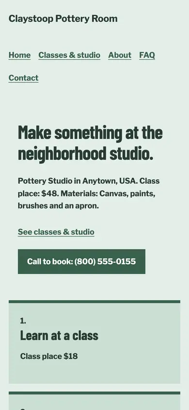 Look 1, Clay-to-kiln process: sample home page on a phone