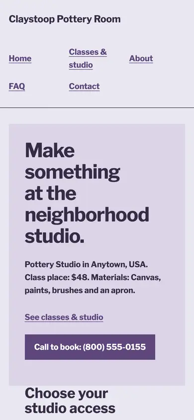Look 2, Studio access ledger: sample home page on a phone
