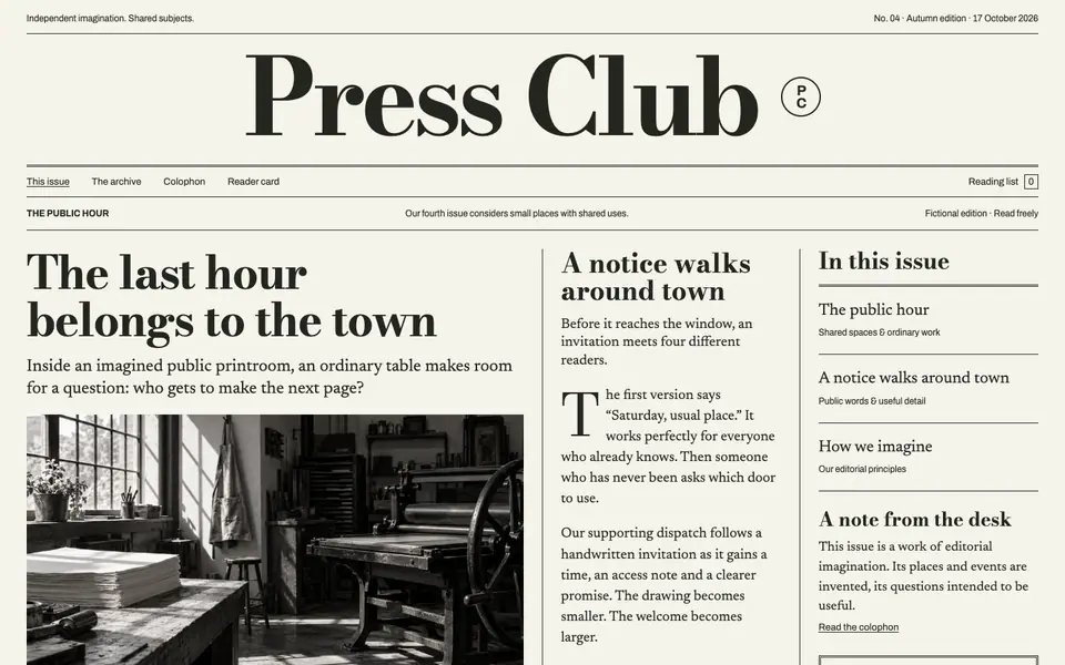 Look 1, Press Club: sample home page on a computer