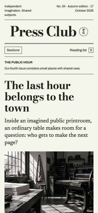 Look 1, Press Club: sample home page on a phone