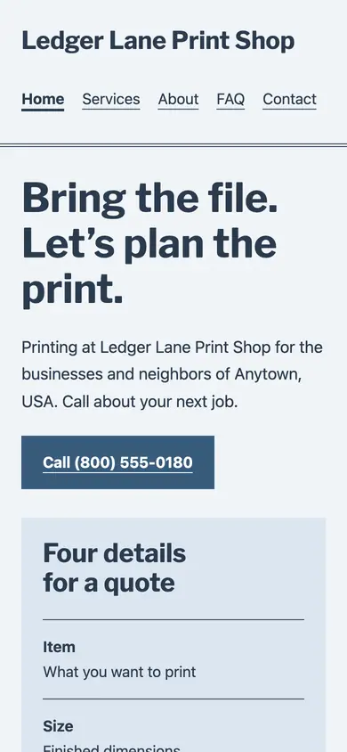 Look 1, Neighborhood print work order: sample home page on a phone