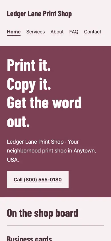 Look 2, Copy-shop window lettering: sample home page on a phone