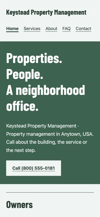 Look 2, Main-street management office sign: sample home page on a phone