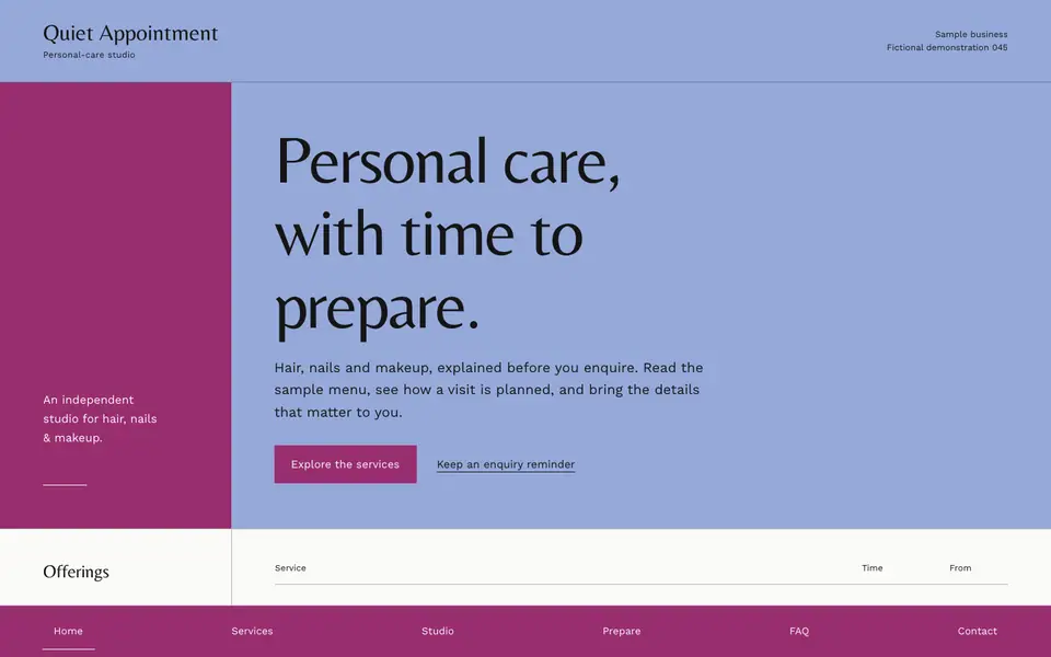 Look 1, Quiet Appointment: sample home page on a computer
