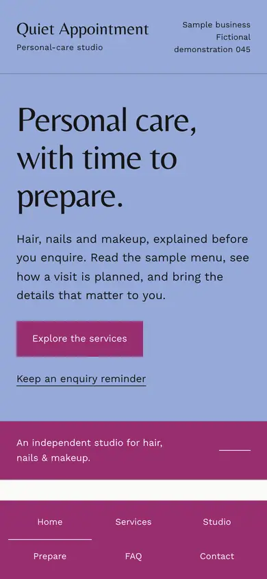 Look 1, Quiet Appointment: sample home page on a phone