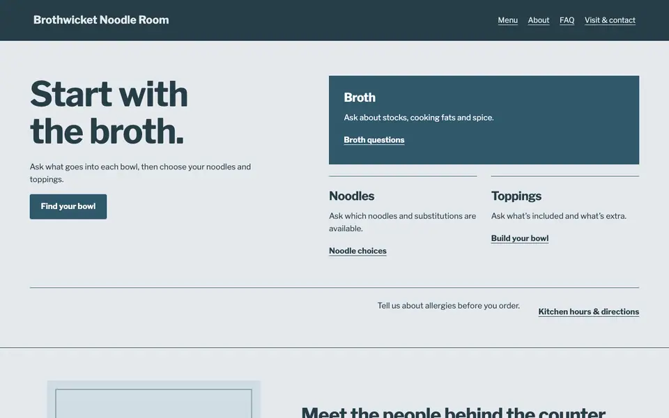 Look 1, Broth comes first: sample home page on a computer