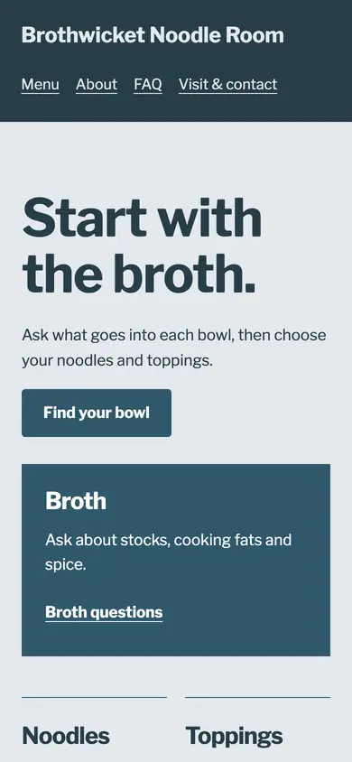 Look 1, Broth comes first: sample home page on a phone