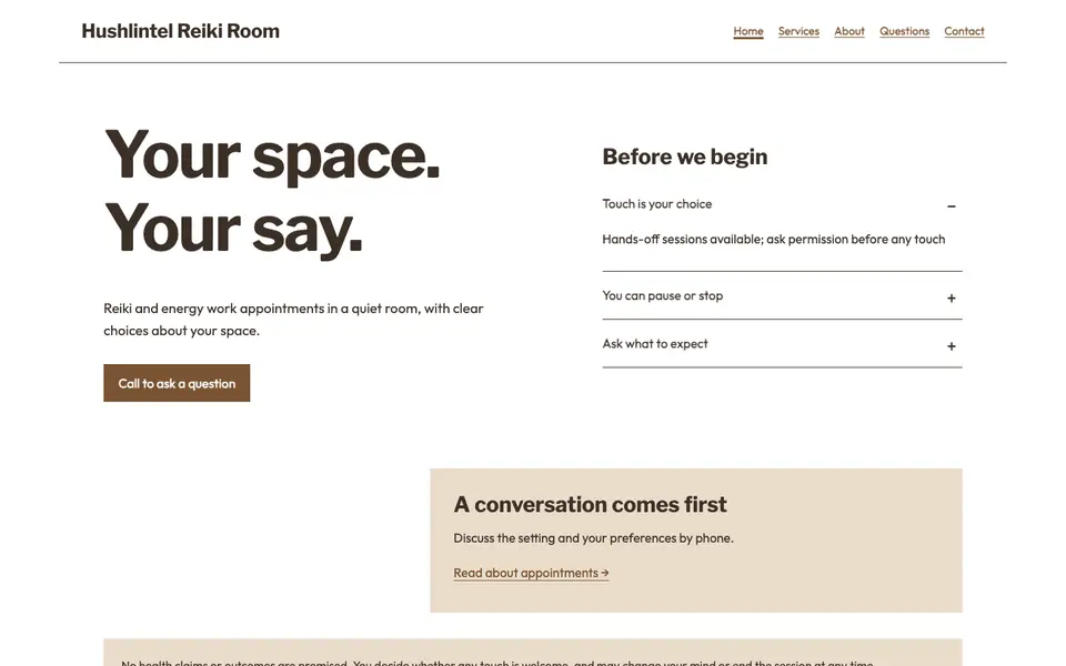 Look 1, Consent-led appointment: sample home page on a computer
