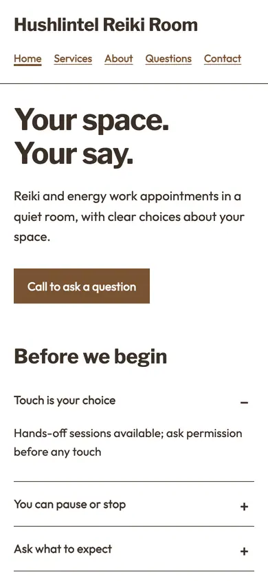 Look 1, Consent-led appointment: sample home page on a phone