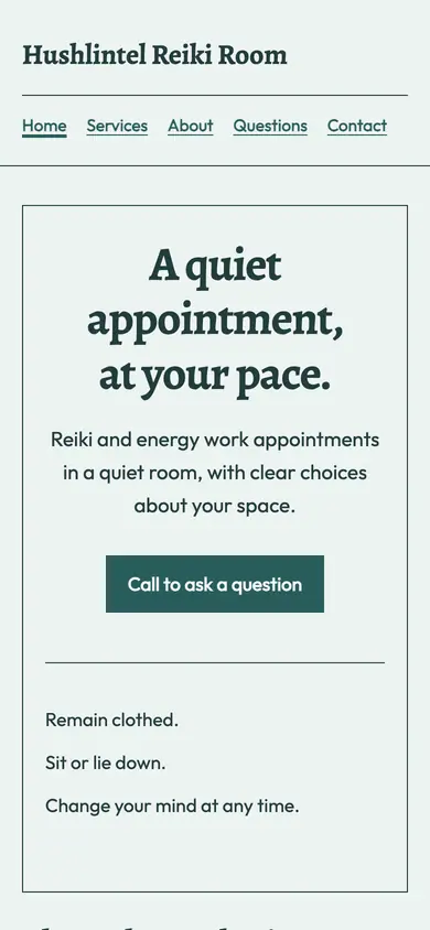 Look 2, Quiet appointment doorway: sample home page on a phone