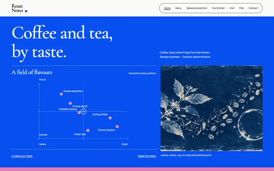 Look 1, Roast Notes: sample home page on a computer